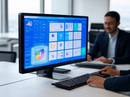 A person working at a desk with a large monitor displaying colorful digital app icons and data charts.