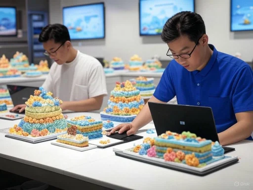 Two men work on digital devices surrounded by colorful, elaborate cake designs in a professional bakery or design studio. Two men work on digital devices surrounded by colorful, elaborate cake designs in a professional bakery or design studio.