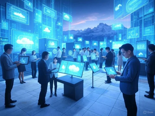 People analyze cloud computing data on digital tablets in a high-tech virtual environment.