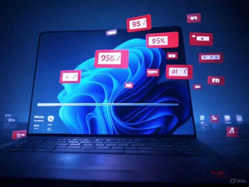 A laptop screen displays various floating data tags and icons, suggesting digital data analytics or software interface.