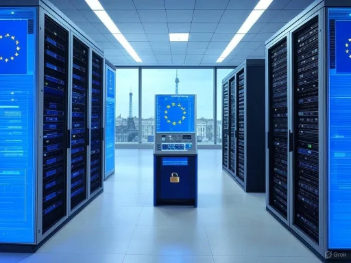 A modern data center with servers and a monitor displaying the European Union flag, overlooking city landmarks through large windows. A modern data center with servers and a monitor displaying the European Union flag, overlooking city landmarks through large windows.