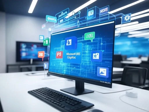 A computer monitor displays a digital interface with icons and data, indicating a high-tech, modern workspace.