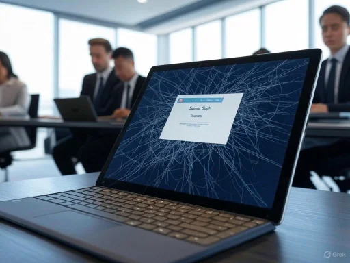 A cracked laptop screen displays a warning message in a business meeting setting.