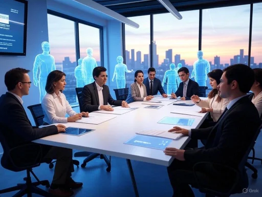 A futuristic business meeting with holographic figures and digital displays in a high-rise conference room at sunset. A futuristic business meeting with holographic figures and digital displays in a high-rise conference room at sunset.
