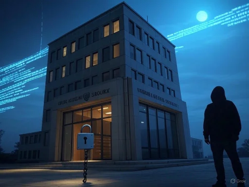 A silhouette of a person in front of a modern building with digital code streaks in the sky at dusk. A silhouette of a person in front of a modern building with digital code streaks in the sky at dusk.