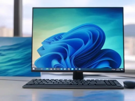 A modern computer setup with a monitor, keyboard, and mouse on a desk, displaying the Windows 11 desktop background.