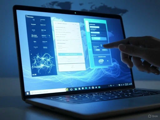 A person interacts with a digital interface on a laptop screen showing forms and data, with a world map in the background.