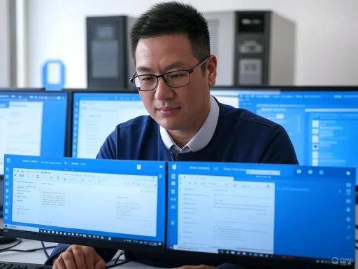 An man with glasses working on multiple computer screens displaying emails, in an office setting. An man with glasses working on multiple computer screens displaying emails, in an office setting.