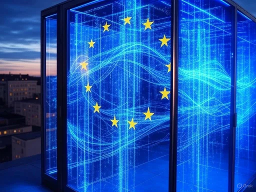 A modern data center with illuminated blue digital lines and the EU flag symbol on glass panels.