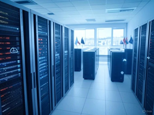 Empty data center room with server racks and large windows, illuminated by natural daylight. Empty data center room with server racks and large windows, illuminated by natural daylight.