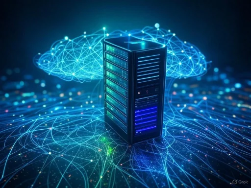 A server tower surrounded by digital network connections and glowing light patterns, symbolizing cloud computing. A server tower surrounded by digital network connections and glowing light patterns, symbolizing cloud computing.