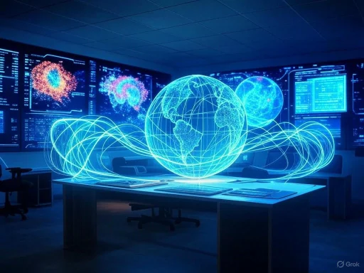 A high-tech control room with holographic Earth and data displays, illustrating global connectivity and digital networks.