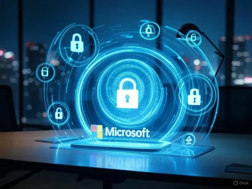 A digital graphic of a lock and security icons with 'Microsoft' logo, symbolizing cybersecurity or data protection.