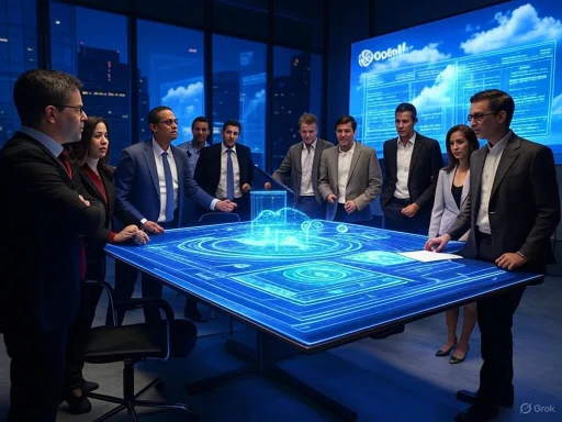 Business team discusses data on a digital, holographic table in a high-tech office with city views.