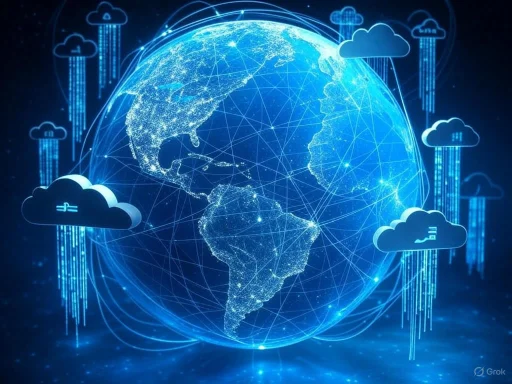 A digital globe of Earth with connected clouds and data streams representing cloud computing and global data networks. A digital globe of Earth with connected clouds and data streams representing cloud computing and global data networks.