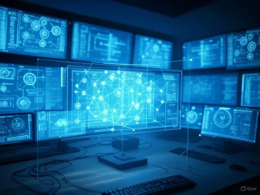 Futuristic cybersecurity or data analysis room with multiple monitors displaying complex digital networks.