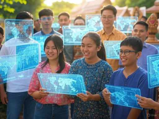 Group of young people using holographic display panels with world maps outdoors.