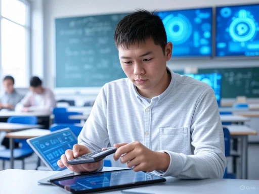 A student in a classroom uses a calculator and tablet, with multiple screens showing digital graphics in the background.