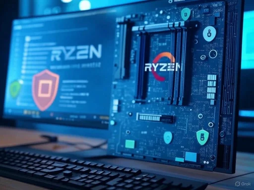 A computer monitor displays the AMD Ryzen logo and cybersecurity icons on a circuit board background. A computer monitor displays the AMD Ryzen logo and cybersecurity icons on a circuit board background.