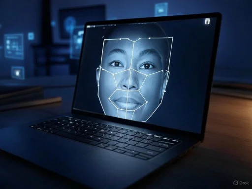 A laptop screen displays a digital facial recognition scan of a woman's face with outlined facial features.