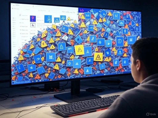 A person views a computer screen filled with numerous blue and yellow symbols over a background of mountains and snow.