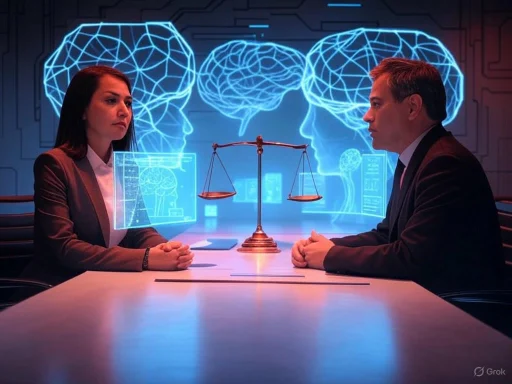 A man and woman sit across from each other at a table with a digital hologram of brain scans and a scale, symbolizing a debate or decision.
