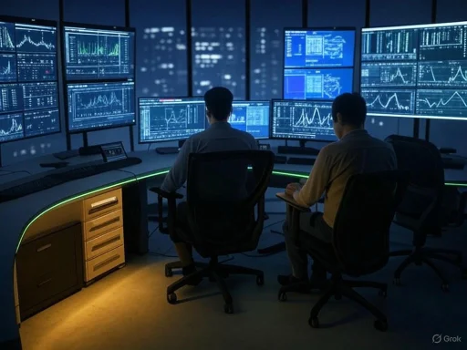Two analysts monitor multiple screens displaying financial data and stock charts in a dark trading room.