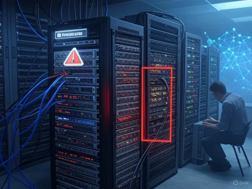 A technician working in a server room with warning signs on the servers and highlighted areas indicating potential issues.