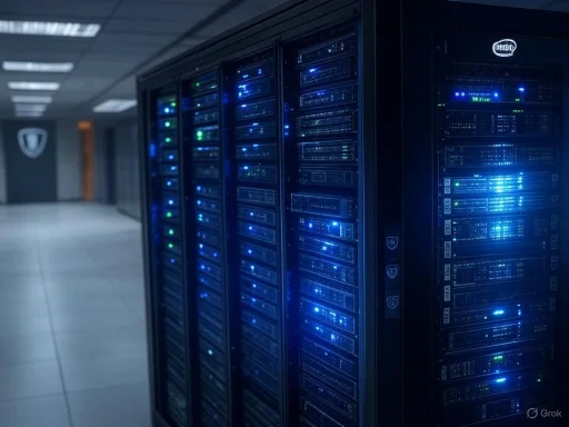 A row of server racks with blinking blue and green lights in a dark, modern data center. A row of server racks with blinking blue and green lights in a dark, modern data center.