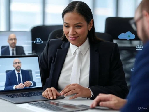 A woman in business attire participates in a video conference in a modern office setting.
