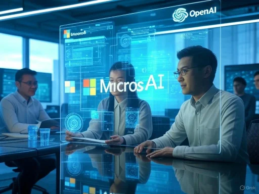 A team of professionals experiencing a virtual interface showcasing Microsoft AI and OpenAI technologies in a modern office. A team of professionals experiencing a virtual interface showcasing Microsoft AI and OpenAI technologies in a modern office.