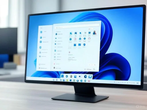 A computer monitor displaying the Windows 11 desktop on a desk in a modern office setting.