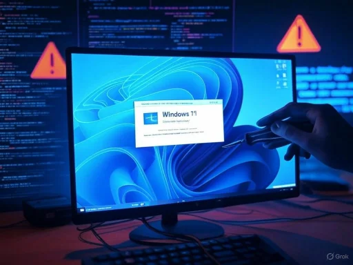 A computer screen shows a Windows 11 update installation with warning signs and code on a dark background.