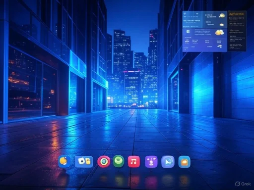 A futuristic cityscape with neon blue lights and digital displays, featuring app icons on a reflective street surface.