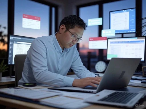 A man working intensely at his desk with multiple monitors displaying spreadsheets and data.