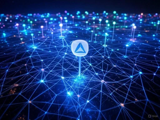 A digital network with connected nodes and a prominent logo at the center, representing blockchain or decentralized technology. A digital network with connected nodes and a prominent logo at the center, representing blockchain or decentralized technology.