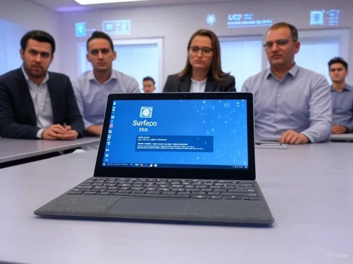 A group of professionals attentively watches a presentation in a conference room, with a laptop showing the Surfefo software in focus.