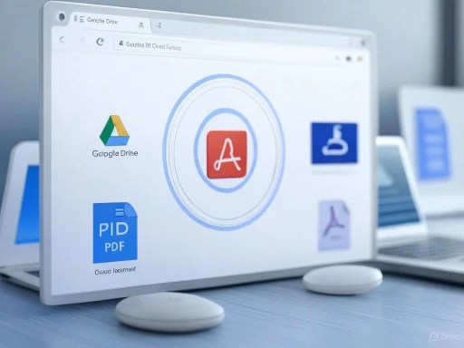 A computer monitor displays a file management interface with various document icons including PDF, Google Drive, and a folder.