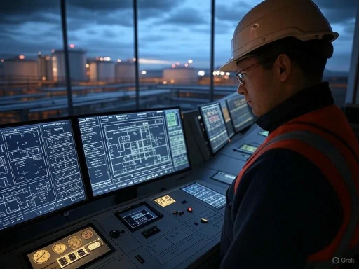 A worker in safety gear monitors control screens in an industrial facility during dusk.