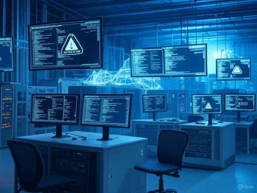 Multiple computer monitors display warning alerts and code in a high-tech data center or server room.