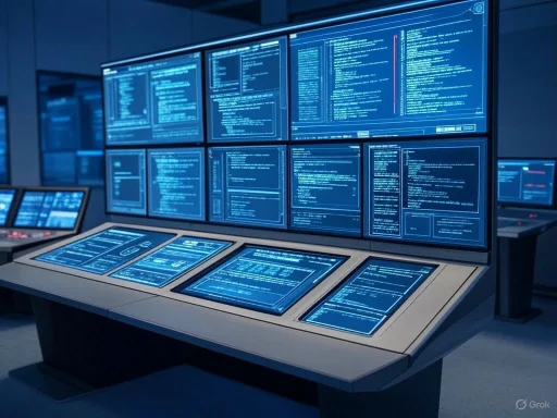 Multiple screens displaying code and data in a high-tech control or command center.