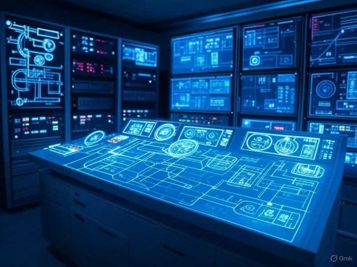 A high-tech control room featuring a holographic interface with blueprints and data displays, likely for monitoring complex systems.