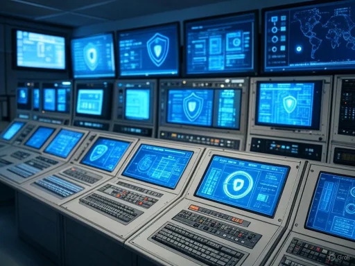 A control room with multiple computer screens displaying cybersecurity shield graphics and global maps.