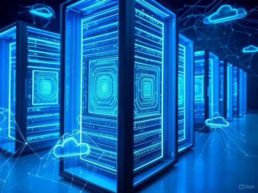 Futuristic data center with glowing blue servers and digital cloud network imagery.