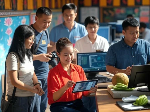 Group of students and a teacher working on digital devices in a classroom environment.