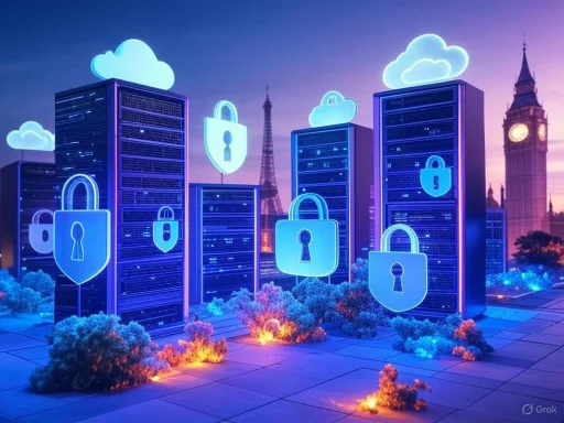 Digital servers with cloud icons and padlocks symbolize cybersecurity and cloud data protection.