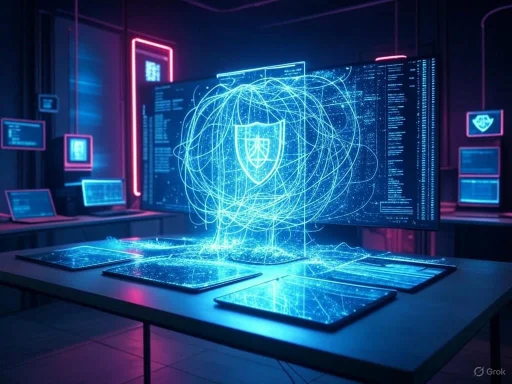 Futuristic cybersecurity setup with holographic shield and digital data displays on screens.