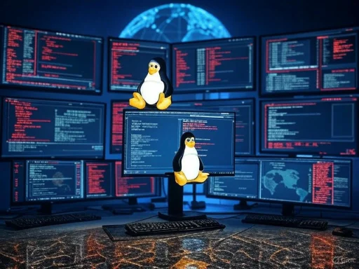 Multiple computer monitors display code and global maps, with two penguin figurines placed among them.