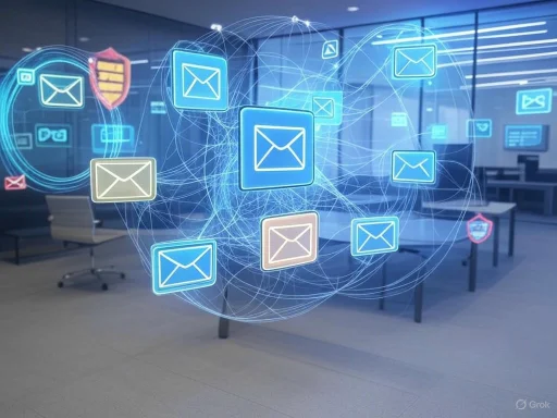 Digital illustration of email icons and security shields representing cybersecurity in a modern office setting.