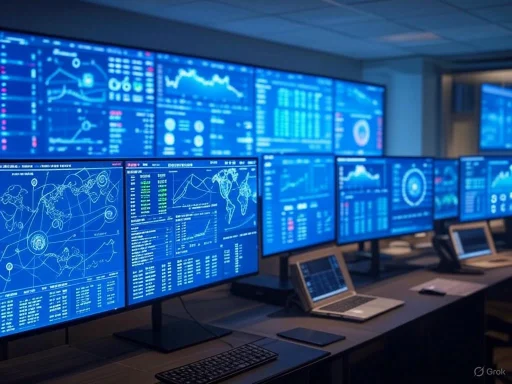 Multiple monitors display financial data and analytics in a high-tech control room.